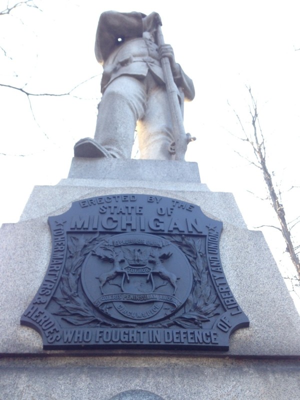 The monument to the 24th Michigan Volunteers in the Civil War Battle of Gettysburg.  The granite monument stands just over 14 feet tall.  The 24th lost more killed and wounded than any Union regiment at Gettysburg.